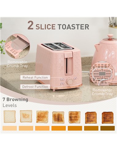 HOMCOM 1.7L 3000W Fast Boil Kettle & 2 Slice Toaster Set, Kettle and Toaster Set with Auto Shut Off, Browning Controls, Light Pi