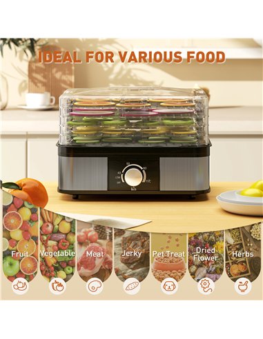 HOMCOM 5 Tier Food Dehydrator, 245W Stainless Steel Food Dryer Machine with Adjustable Temperature for Drying Fruit, Meat, Veget