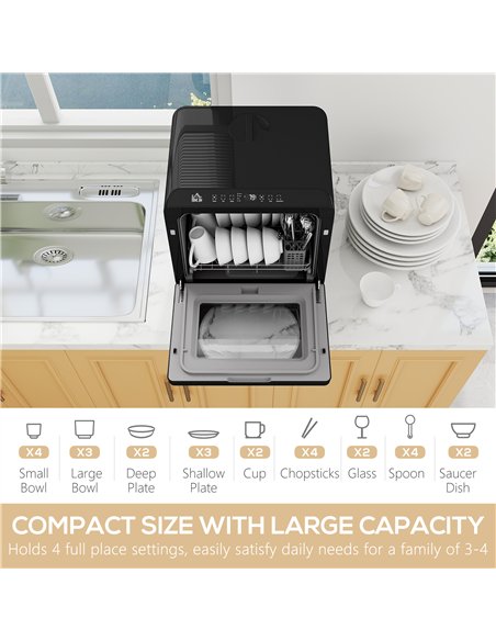 HOMCOM Table Top Dishwasher with Built-in 6L Water Tank, Mini Countertop Dishwasher with 6 Programs, 4 Place Settings, Black - pic 168799 | FastDaddyshop