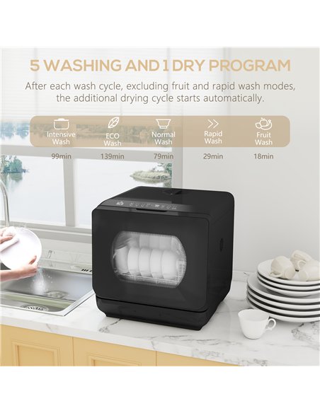 HOMCOM Table Top Dishwasher with Built-in 6L Water Tank, Mini Countertop Dishwasher with 6 Programs, 4 Place Settings, Black - pic 168800 | FastDaddyshop