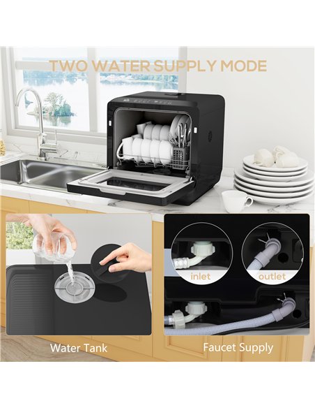 HOMCOM Table Top Dishwasher with Built-in 6L Water Tank, Mini Countertop Dishwasher with 6 Programs, 4 Place Settings, Black - pic 168801 | FastDaddyshop