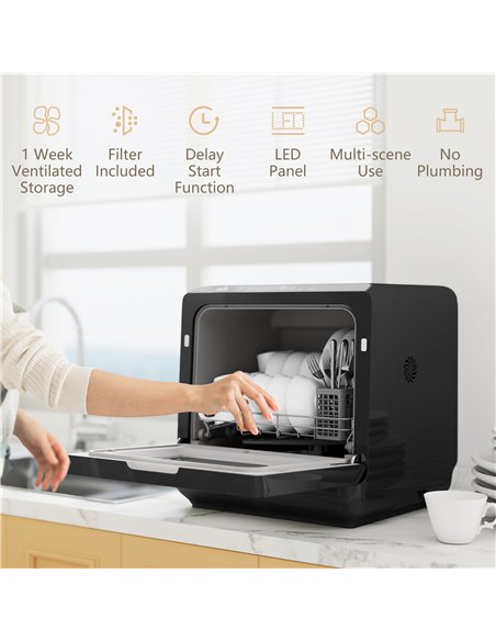 HOMCOM Table Top Dishwasher with Built-in 6L Water Tank, Mini Countertop Dishwasher with 6 Programs, 4 Place Settings, Black - pic 168803 | FastDaddyshop