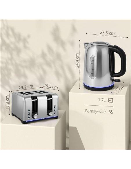 HOMCOM Kettle and Toaster Set, 1.7L 3000W Rapid Boil Jug Kettle with Otter Thermostat, Limescale Filter, 4 Slice Toaster with 7  - pic 168924 | FastDaddyshop