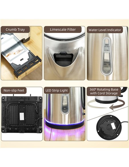 HOMCOM Kettle and Toaster Set, 1.7L 3000W Rapid Boil Jug Kettle with Otter Thermostat, Limescale Filter, 4 Slice Toaster with 7  - pic 168930 | FastDaddyshop