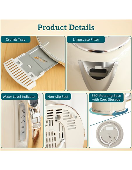 HOMCOM Polished Retro 40-100°C Kettle and Toaster Set - Cream - pic 168966 | FastDaddyshop