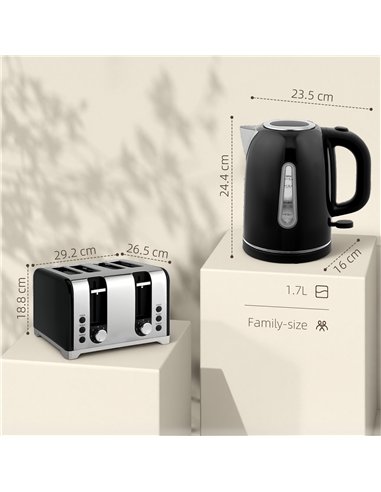 HOMCOM Kettle and Toaster Set, 1.7L 3000W Rapid Boil Jug Kettle with Otter Thermostat, Limescale Filter, 4 Slice Toaster with 7 
