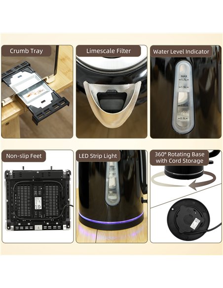 HOMCOM Kettle and Toaster Set, 1.7L 3000W Rapid Boil Jug Kettle with Otter Thermostat, Limescale Filter, 4 Slice Toaster with 7  - pic 168984 | FastDaddyshop