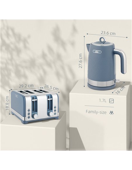 HOMCOM Sleek Textured Kettle and Four-Slice Toaster Set - Blue - pic 168987 | FastDaddyshop