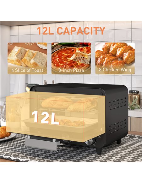 HOMCOM Small Toaster Oven, 12L Multifunction Mini Countertop Oven with Glass Door, Adjustable Temperature and Timer, Black - pic 169029 | FastDaddyshop