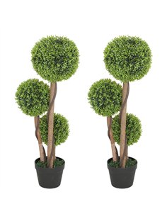 HOMCOM Decorative Artificial Trees Boxwood Ball Topiary Trees Set of 2 in Pot, Fake Plants for Home Indoor Outdoor Decor