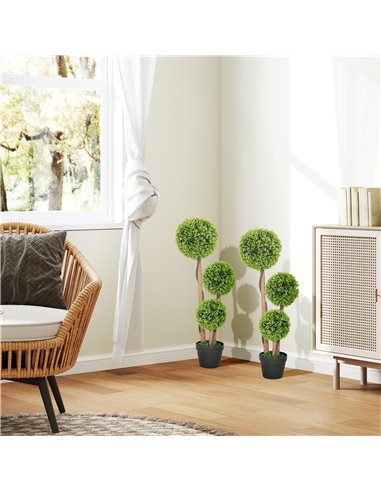 HOMCOM Decorative Artificial Trees Boxwood Ball Topiary Trees Set of 2 in Pot, Fake Plants for Home Indoor Outdoor Decor