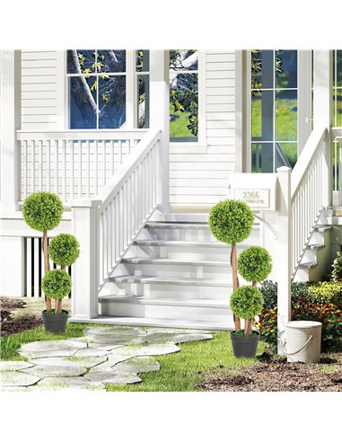 HOMCOM Decorative Artificial Trees Boxwood Ball Topiary Trees Set of 2 in Pot, Fake Plants for Home Indoor Outdoor Decor