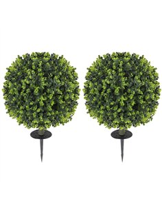 HOMCOM Set of 2 40 cm Artificial Boxwood Topiary Ball Bush with Integrated Ground Stake, Indoor Outdoor UV Resistant Faux Greene