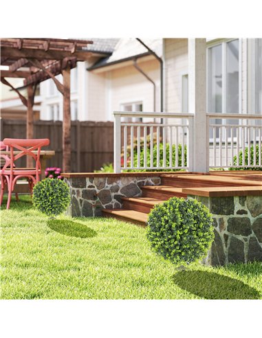 HOMCOM Set of 2 40 cm Artificial Boxwood Topiary Ball Bush with Integrated Ground Stake, Indoor Outdoor UV Resistant Faux Greene