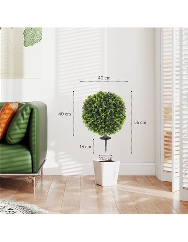 HOMCOM Set of 2 40 cm Artificial Boxwood Topiary Ball Bush with Integrated Ground Stake, Indoor Outdoor UV Resistant Faux Greene