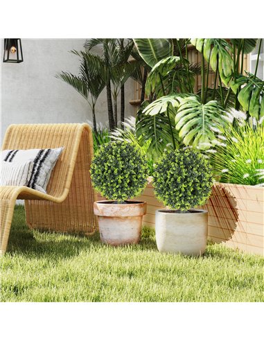 HOMCOM Set of 2 40 cm Artificial Boxwood Topiary Ball Bush with Integrated Ground Stake, Indoor Outdoor UV Resistant Faux Greene