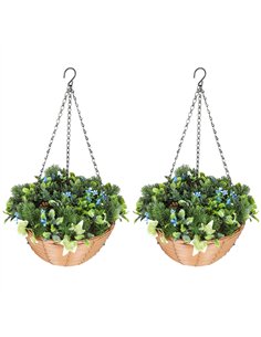 HOMCOM Pack of 2 Faux Plant Artificial Lisianthus Flowers, Hanging Planters with Basket, PE Leaves, 18 Flowers and 3 Pinecones, 