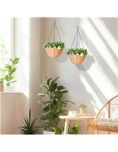 HOMCOM Pack of 2 Faux Plant Artificial Lisianthus Flowers, Hanging Planters with Basket, PE Leaves, 18 Flowers and 3 Pinecones,  2