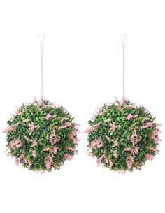HOMCOM Set of 2 Artificial Plant Topiary Balls, UV-protected Fake Decorative Plants, Pink