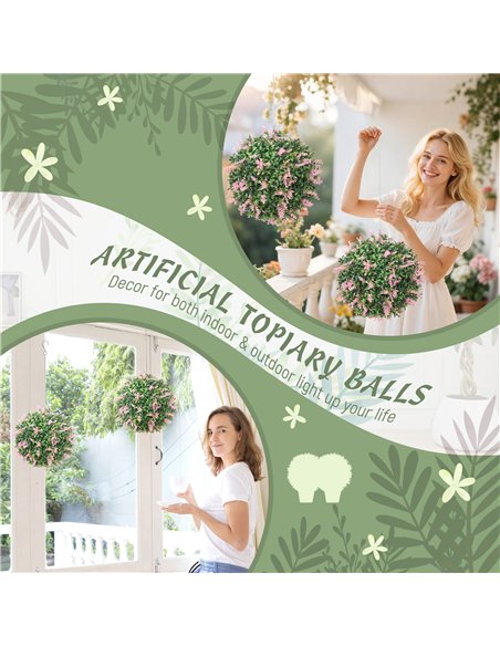 HOMCOM Set of 2 Artificial Plant Topiary Balls, UV-protected Fake Decorative Plants, Pink - pic 169128 | FastDaddyshop