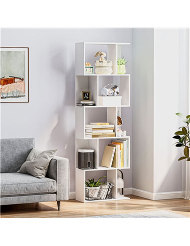 HOMCOM Bookcase, S-Shaped Wooden Bookshelf, 5 Tiers Freestanding Storage Shelf, Home Office Display Stand Rack, White