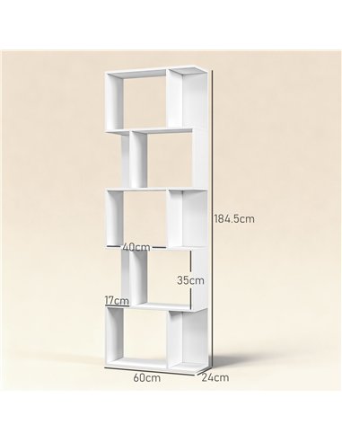 HOMCOM Bookcase, S-Shaped Wooden Bookshelf, 5 Tiers Freestanding Storage Shelf, Home Office Display Stand Rack, White