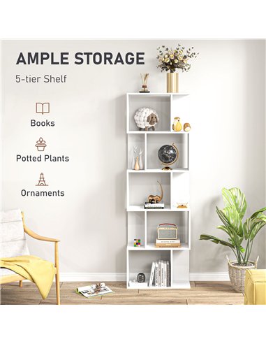 HOMCOM Bookcase, S-Shaped Wooden Bookshelf, 5 Tiers Freestanding Storage Shelf, Home Office Display Stand Rack, White