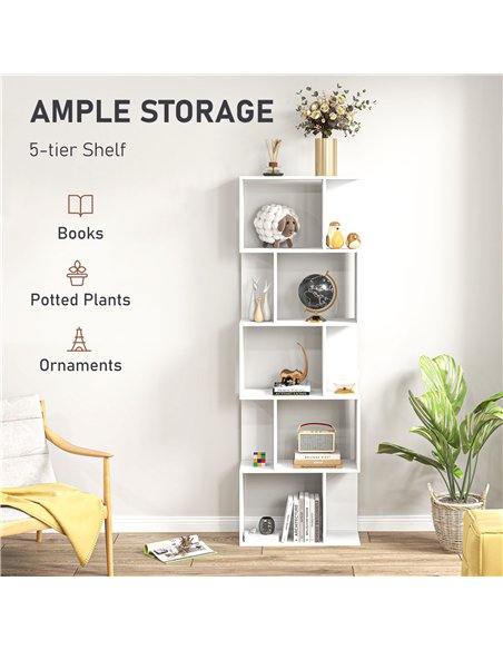 HOMCOM Bookcase, S-Shaped Wooden Bookshelf, 5 Tiers Freestanding Storage Shelf, Home Office Display Stand Rack, White - pic 169173 | FastDaddyshop