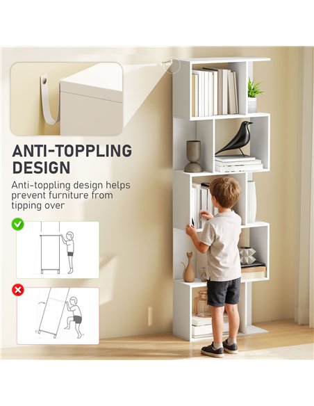 HOMCOM Bookcase, S-Shaped Wooden Bookshelf, 5 Tiers Freestanding Storage Shelf, Home Office Display Stand Rack, White - pic 169175 | FastDaddyshop