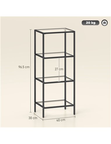 HOMCOM 4-Tier Shelving Unit, Glass Shelf, Vertical Storage Shelf for Living Room, Home Office, Bedroom, Bathroom, Black