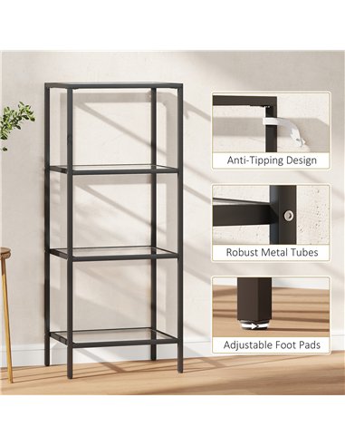HOMCOM 4-Tier Shelving Unit, Glass Shelf, Vertical Storage Shelf for Living Room, Home Office, Bedroom, Bathroom, Black
