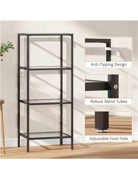 HOMCOM 4-Tier Shelving Unit, Glass Shelf, Vertical Storage Shelf for Living Room, Home Office, Bedroom, Bathroom, Black - pic 169202 | FastDaddyshop