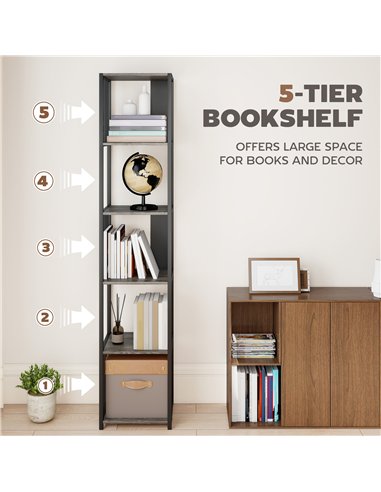 HOMCOM 5-Tier Bookshelf with Steel Frame - Grey