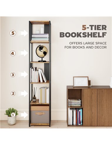 HOMCOM 5-Tier Bookshelf with Steel Frame - Rustic Brown