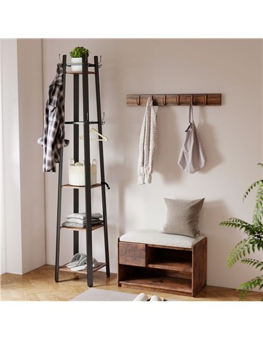 HOMCOM Industrial-Style Four Shelf Coat Stand - Brown/Black