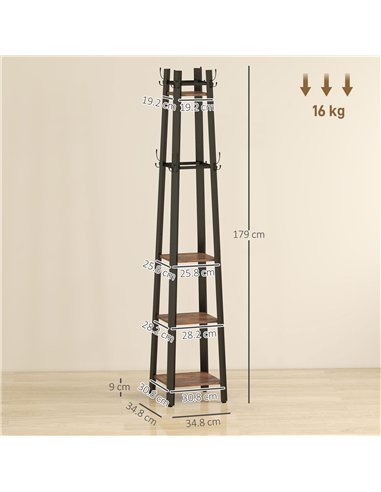 HOMCOM Industrial-Style Four Shelf Coat Stand - Brown/Black