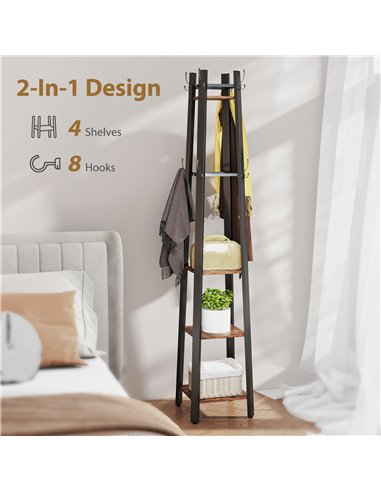 HOMCOM Industrial-Style Four Shelf Coat Stand - Brown/Black