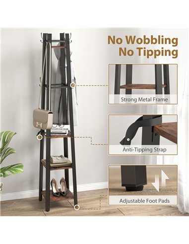 HOMCOM Industrial-Style Four Shelf Coat Stand - Brown/Black