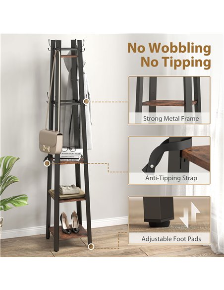 HOMCOM Industrial-Style Four Shelf Coat Stand - Brown/Black - pic 169229 | FastDaddyshop