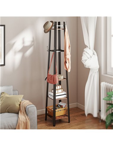 HOMCOM Industrial-Style Four Shelf Coat Stand - Brown/Black