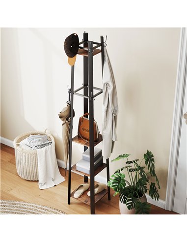 HOMCOM Industrial-Style Four Shelf Coat Stand - Brown/Black