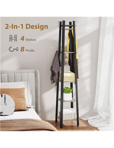 HOMCOM Industrial-Style Four Shelf Coat Stand - Grey/Black