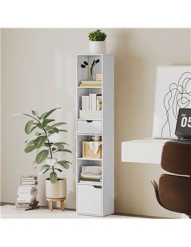 HOMCOM 6-Tier Bookcase, Tall Narrow Bookshelf with Drawer and Door - White