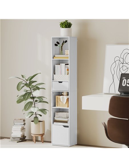 HOMCOM 6-Tier Bookcase, Tall Narrow Bookshelf with Drawer and Door - White - pic 169243 | FastDaddyshop