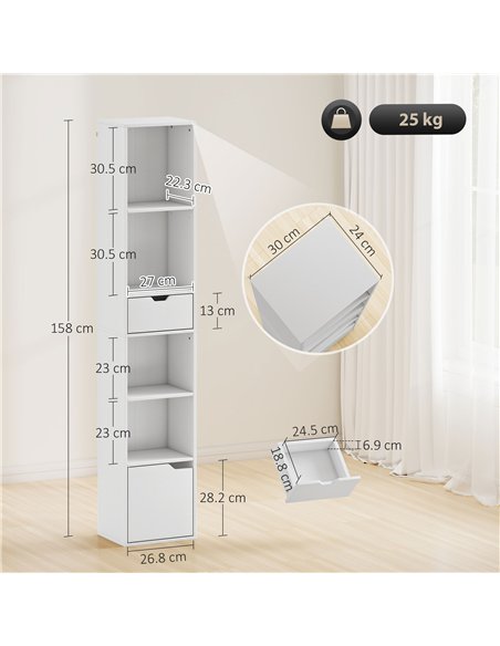HOMCOM 6-Tier Bookcase, Tall Narrow Bookshelf with Drawer and Door - White - pic 169244 | FastDaddyshop