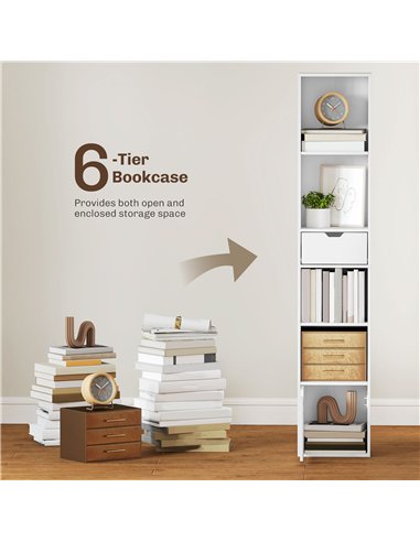 HOMCOM 6-Tier Bookcase, Tall Narrow Bookshelf with Drawer and Door - White