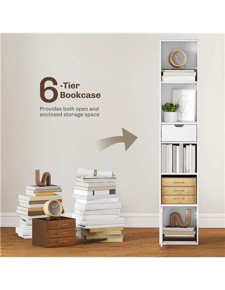 HOMCOM 6-Tier Bookcase, Tall Narrow Bookshelf with Drawer and Door - White - pic 169245 | FastDaddyshop