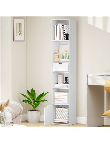 HOMCOM 6-Tier Bookcase, Tall Narrow Bookshelf with Drawer and Door - White