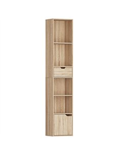 HOMCOM 6-Tier Bookcase, Tall Narrow Bookshelf with Drawer and Door - Natural Wood Finish