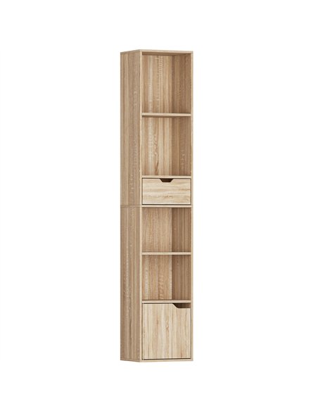 HOMCOM 6-Tier Bookcase, Tall Narrow Bookshelf with Drawer and Door - Natural Wood Finish - pic 169251 | FastDaddyshop